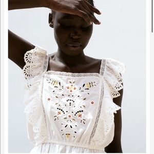 Zara White Embroidered and Lace Crop Top Blouse sz S NWT